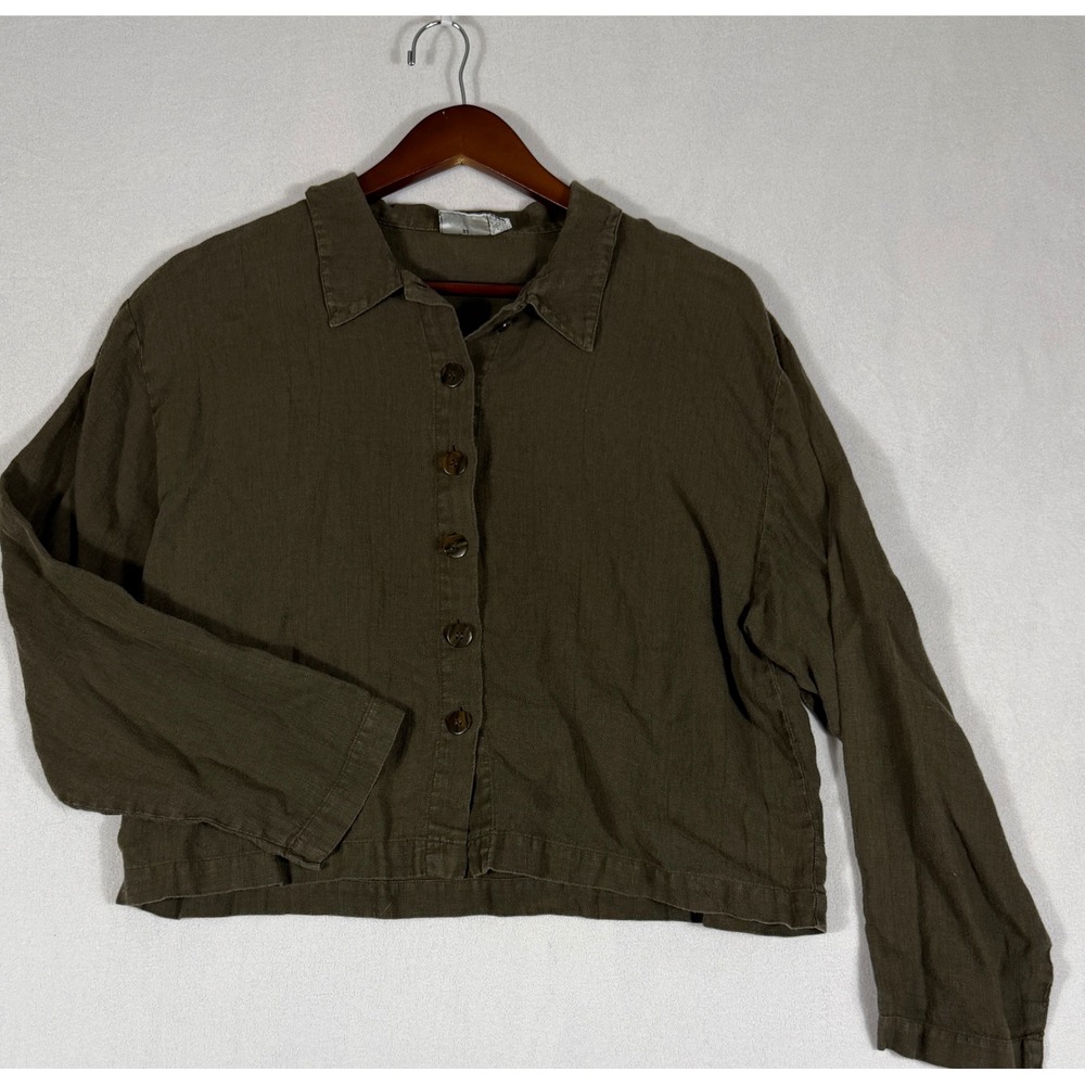 Vintage Kiko Olive Brown Linen Button Down Shirt Cropped 90s One Size